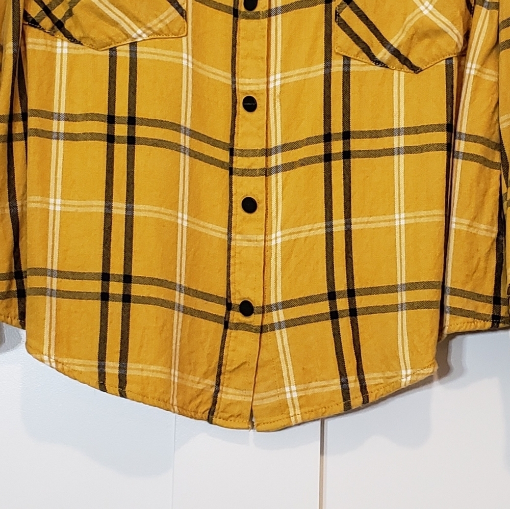 Sanctuary Plaid Boyfriend Light Flannel Snap Down Mustard Black White Si… - Picture 4 of 14